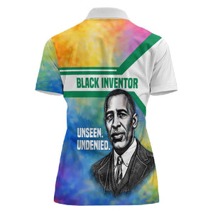 Garrett Morgan Women Polo Shirt with Real Impact Quote, Black Inventor Portrait and Vibrant Watercolor - African Pride
