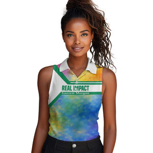 Garrett Morgan Women Sleeveless Polo Shirt with Real Impact Quote, Black Inventor Portrait and Vibrant Watercolor - African Pride