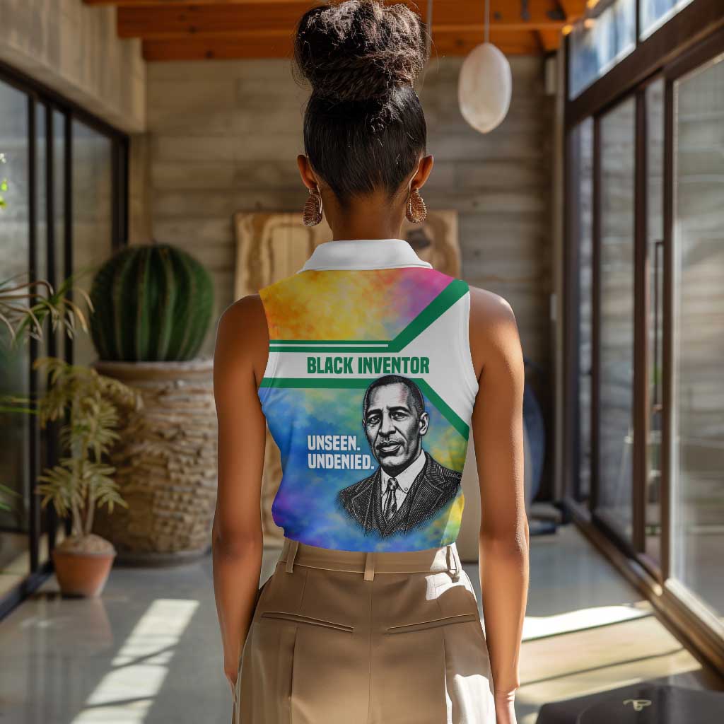 Garrett Morgan Women Sleeveless Polo Shirt with Real Impact Quote, Black Inventor Portrait and Vibrant Watercolor - African Pride