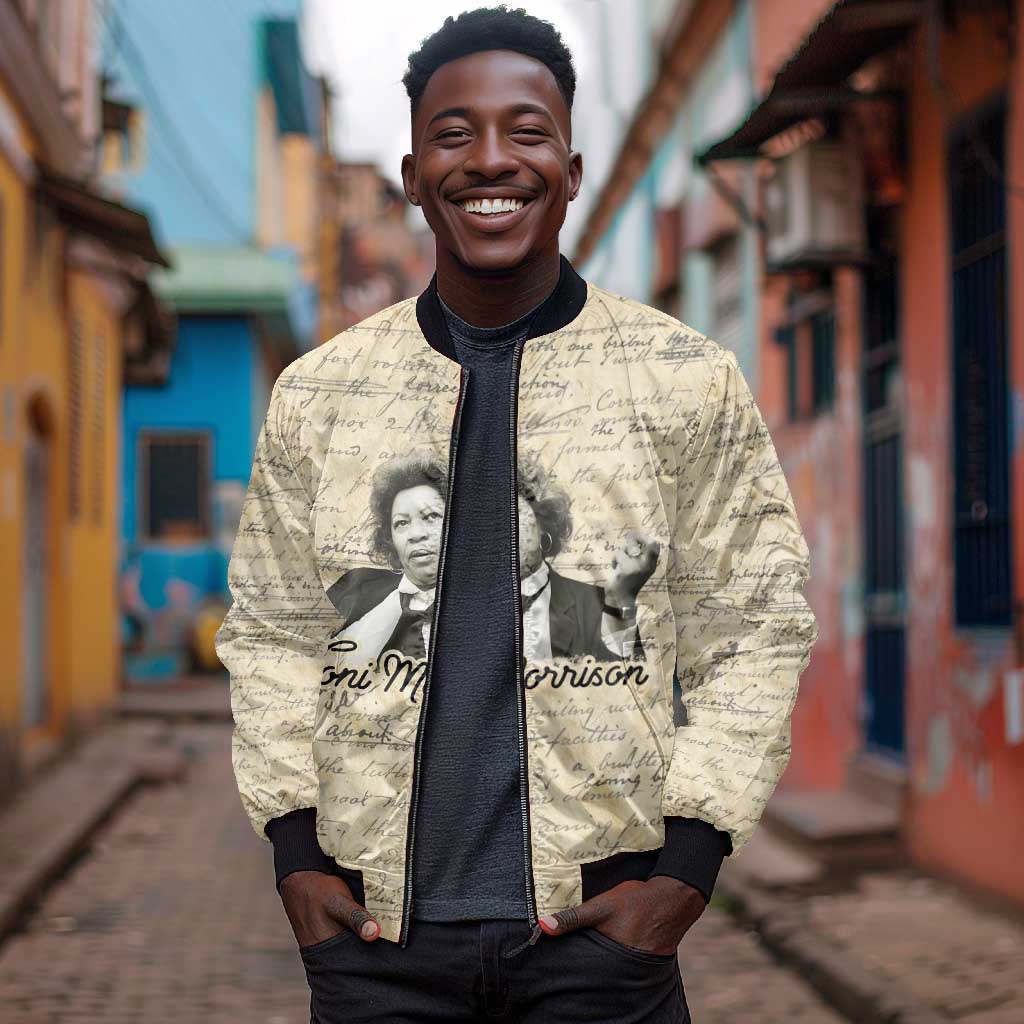 Toni Morrison Bomber Jacket Handwritten Manuscript Powerful Portrait with Feather Pen Quote - African Pride