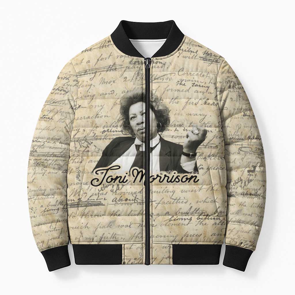 Toni Morrison Bomber Puffer Jacket Handwritten Manuscript Powerful Portrait with Feather Pen Quote - African Pride