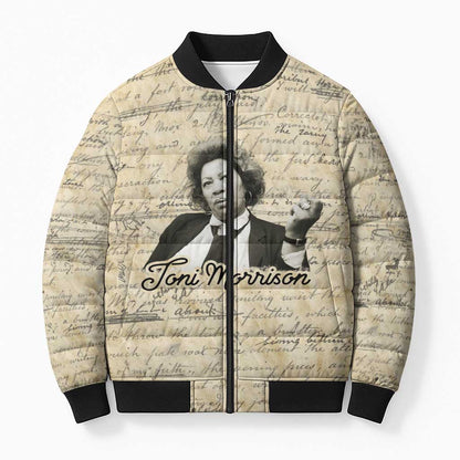 Toni Morrison Bomber Puffer Jacket Handwritten Manuscript Powerful Portrait with Feather Pen Quote - African Pride