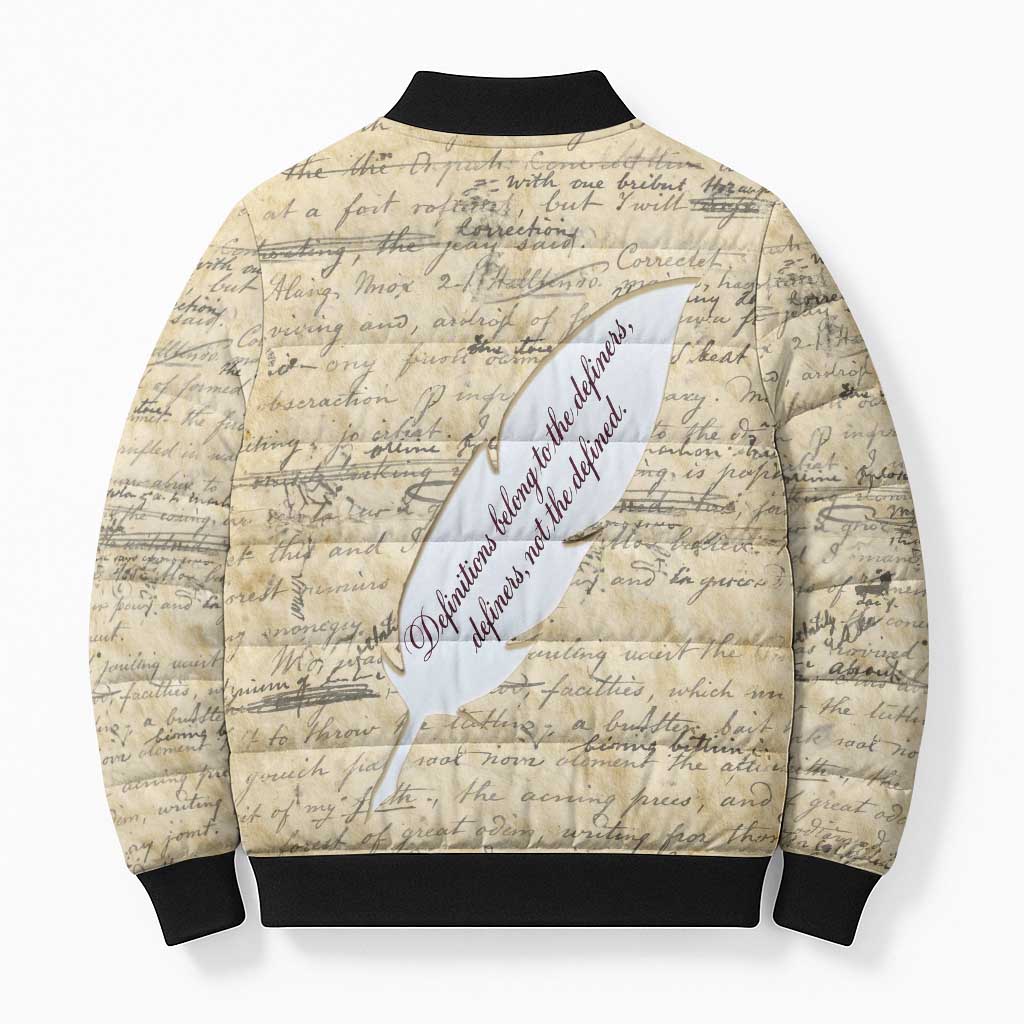 Toni Morrison Bomber Puffer Jacket Handwritten Manuscript Powerful Portrait with Feather Pen Quote - African Pride