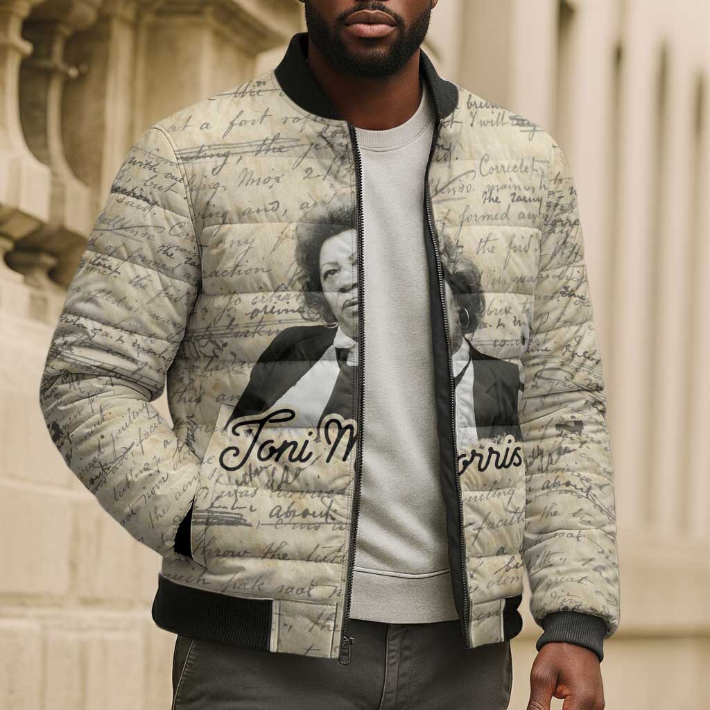 Toni Morrison Bomber Puffer Jacket Handwritten Manuscript Powerful Portrait with Feather Pen Quote - African Pride