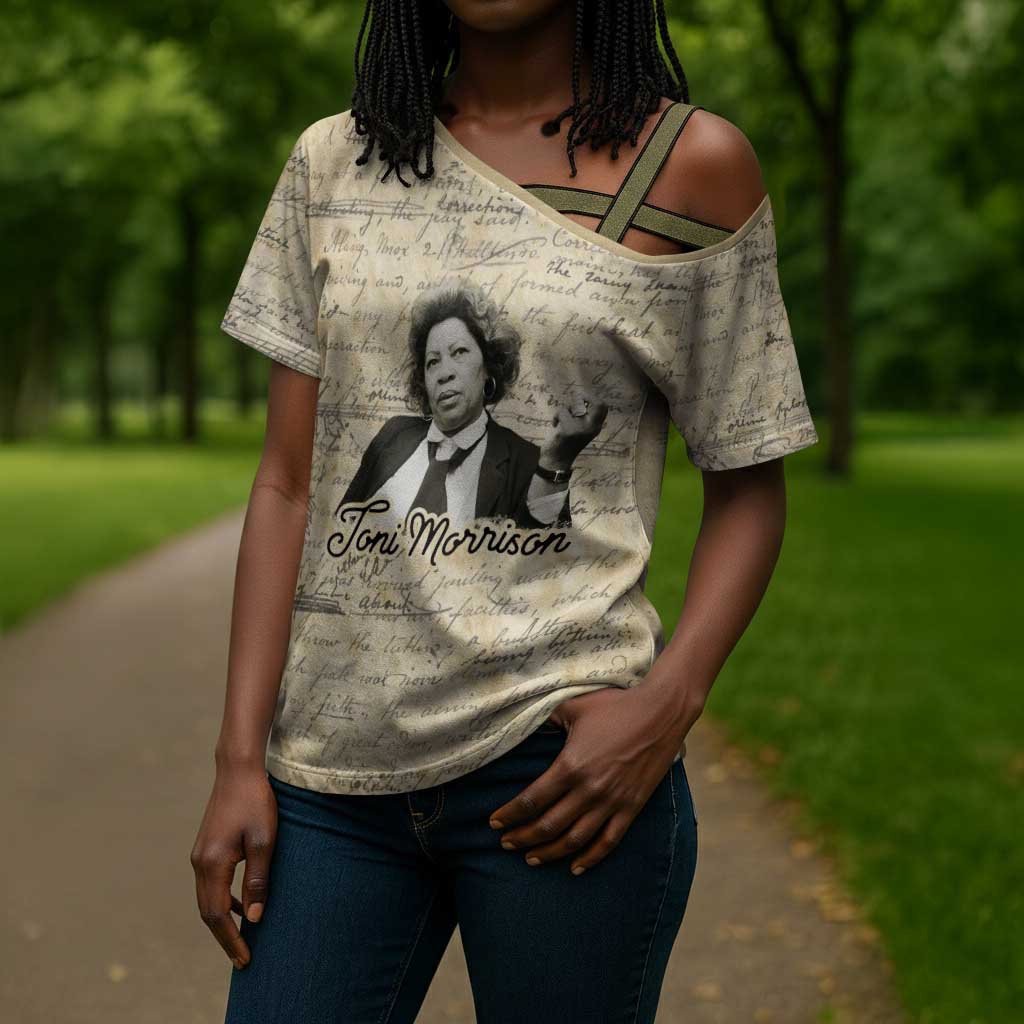 Toni Morrison Cross Shoulder Shirt Handwritten Manuscript Powerful Portrait with Feather Pen Quote - African Pride