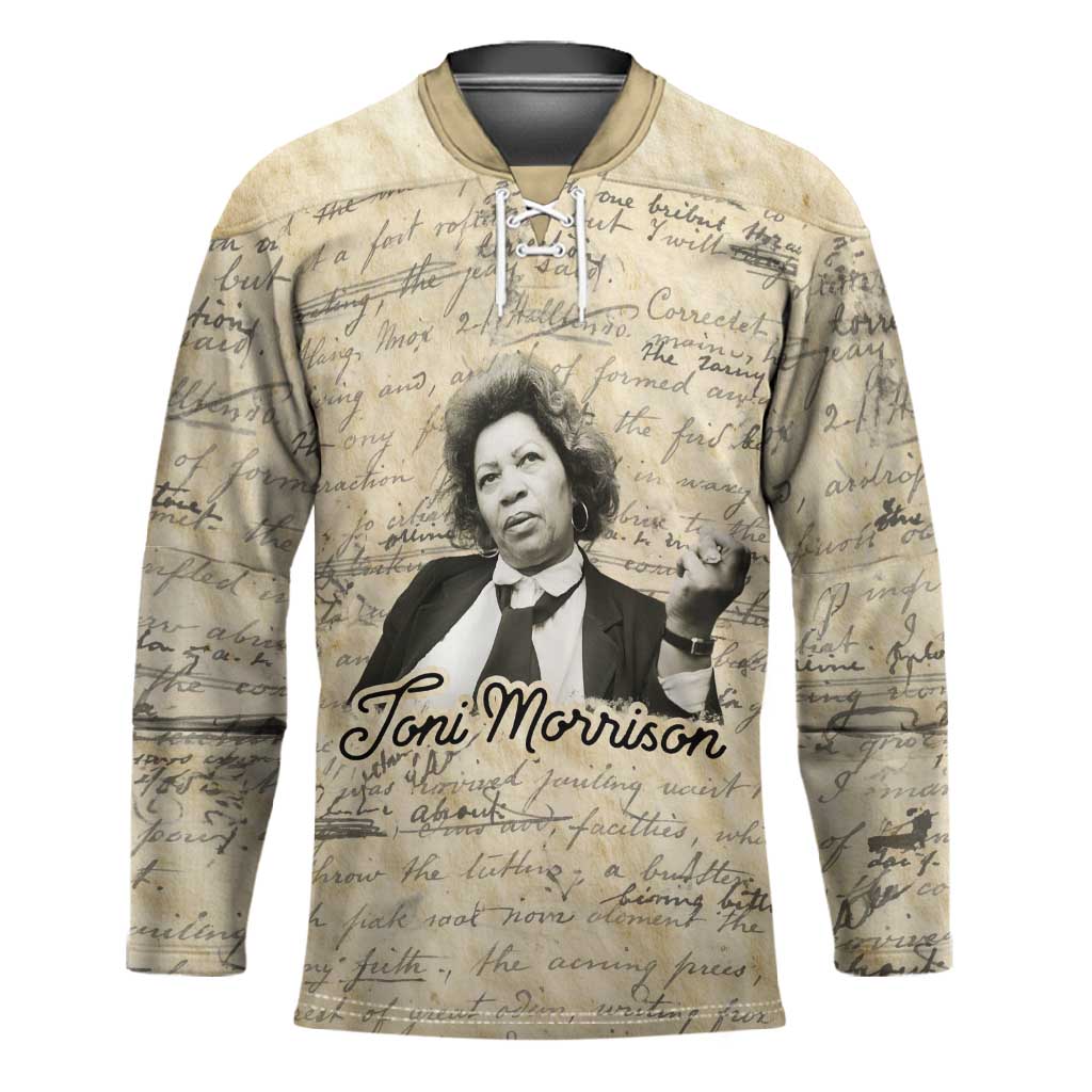 Toni Morrison Hockey Jersey Handwritten Manuscript Powerful Portrait with Feather Pen Quote - African Pride