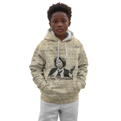 Toni Morrison Kid Hoodie Handwritten Manuscript Powerful Portrait with Feather Pen Quote - African Pride