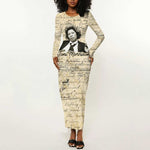 Toni Morrison Long Sleeve Bodycon Dress Handwritten Manuscript Powerful Portrait with Feather Pen Quote - African Pride