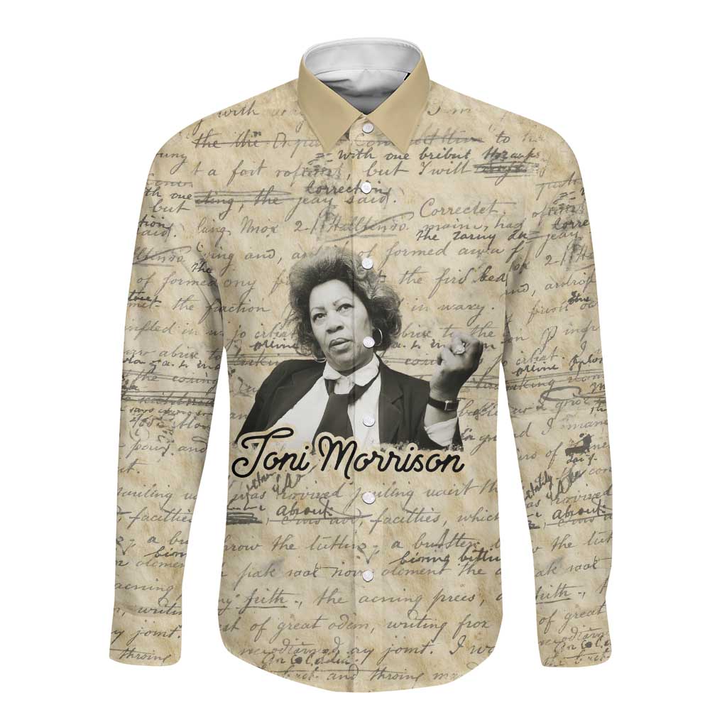Toni Morrison Long Sleeve Button Shirt Handwritten Manuscript Powerful Portrait with Feather Pen Quote - African Pride