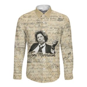 Toni Morrison Long Sleeve Button Shirt Handwritten Manuscript Powerful Portrait with Feather Pen Quote - African Pride