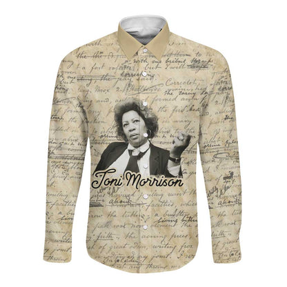 Toni Morrison Long Sleeve Button Shirt Handwritten Manuscript Powerful Portrait with Feather Pen Quote - African Pride