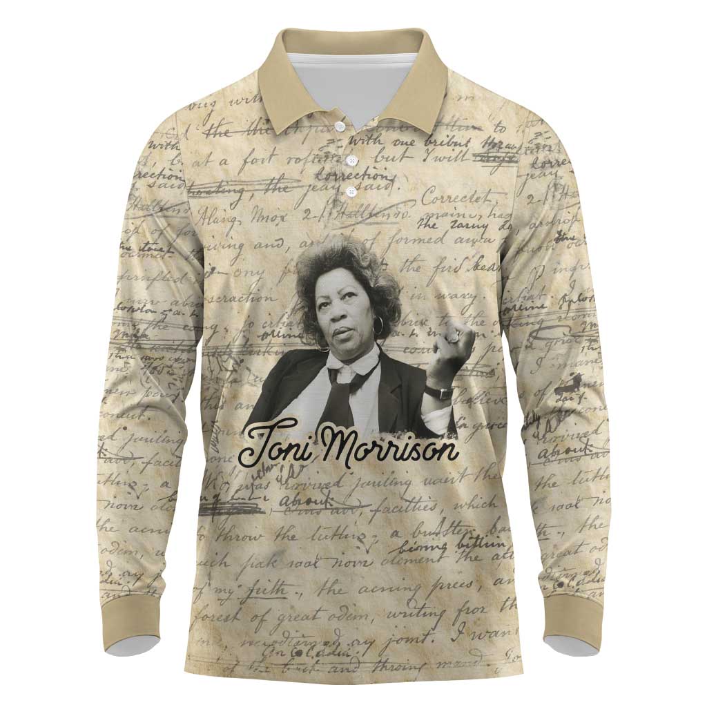 Toni Morrison Long Sleeve Polo Shirt Handwritten Manuscript Powerful Portrait with Feather Pen Quote - African Pride