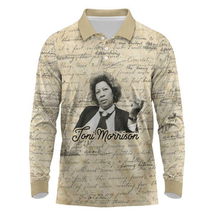 Toni Morrison Long Sleeve Polo Shirt Handwritten Manuscript Powerful Portrait with Feather Pen Quote - African Pride