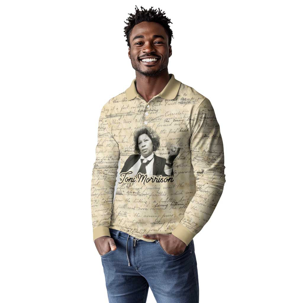Toni Morrison Long Sleeve Polo Shirt Handwritten Manuscript Powerful Portrait with Feather Pen Quote - African Pride