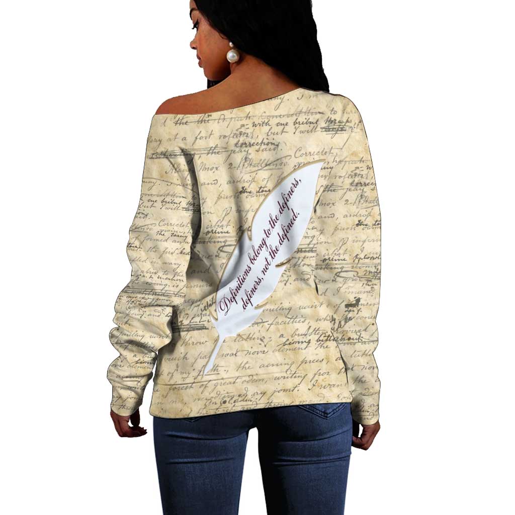 Toni Morrison Off Shoulder Sweater Handwritten Manuscript Powerful Portrait with Feather Pen Quote - African Pride