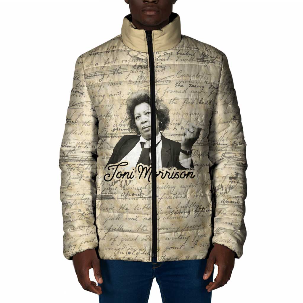 Toni Morrison Padded Jacket Handwritten Manuscript Powerful Portrait with Feather Pen Quote - African Pride