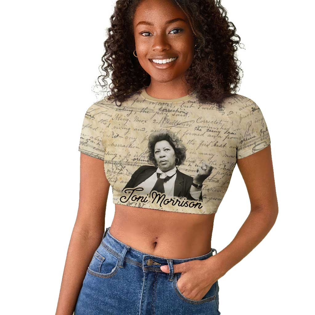 Toni Morrison Raglan Cropped T shirt Handwritten Manuscript Powerful Portrait with Feather Pen Quote - African Pride