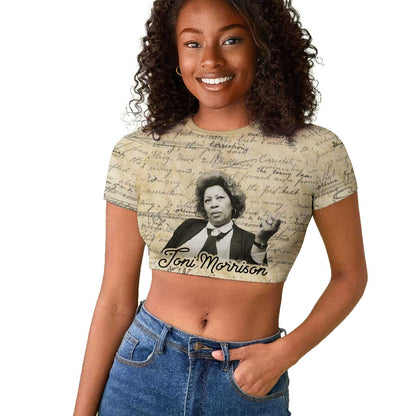 Toni Morrison Raglan Cropped T shirt Handwritten Manuscript Powerful Portrait with Feather Pen Quote - African Pride