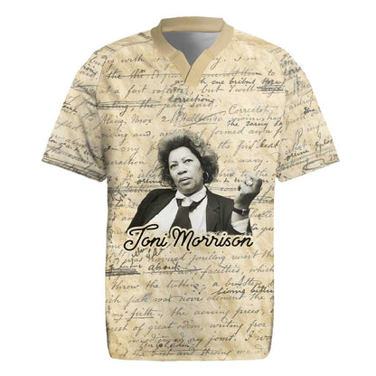 Toni Morrison Rugby Jersey Handwritten Manuscript Powerful Portrait with Feather Pen Quote - African Pride
