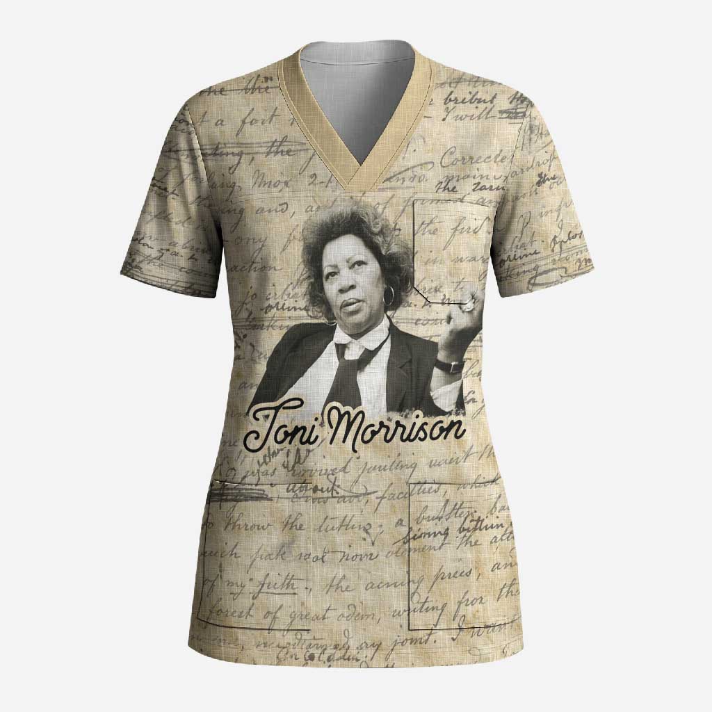 Toni Morrison Scrub Top Handwritten Manuscript Powerful Portrait with Feather Pen Quote - African Pride