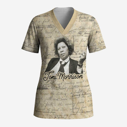 Toni Morrison Scrub Top Handwritten Manuscript Powerful Portrait with Feather Pen Quote - African Pride