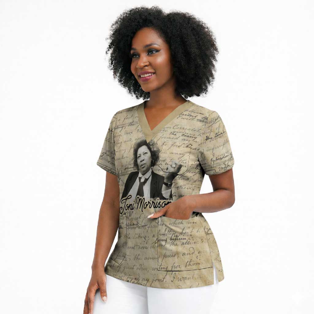 Toni Morrison Scrub Top Handwritten Manuscript Powerful Portrait with Feather Pen Quote - African Pride