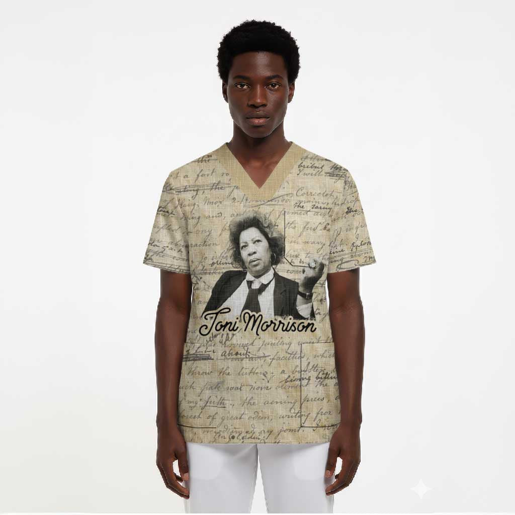 Toni Morrison Scrub Top Handwritten Manuscript Powerful Portrait with Feather Pen Quote - African Pride