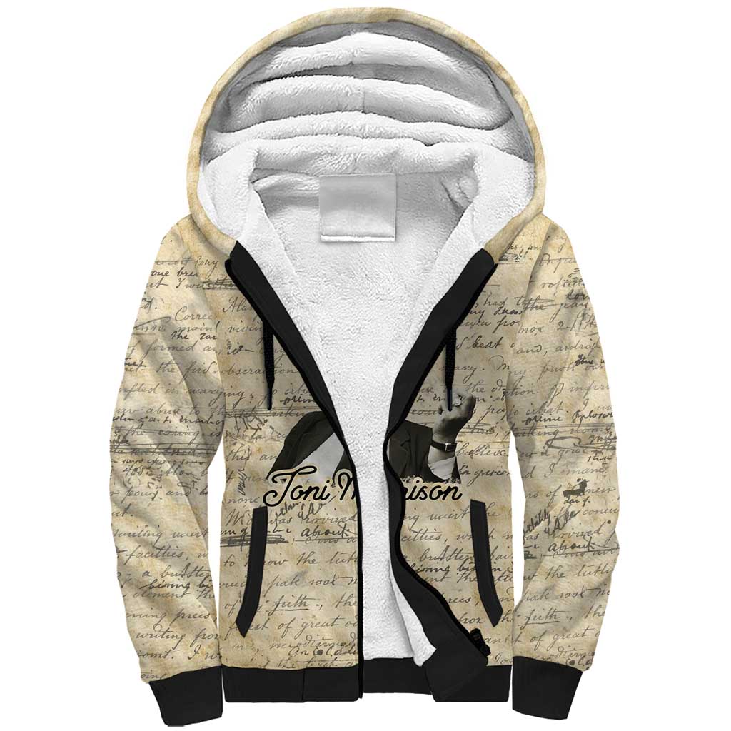 Toni Morrison Sherpa Hoodie Handwritten Manuscript Powerful Portrait with Feather Pen Quote - African Pride