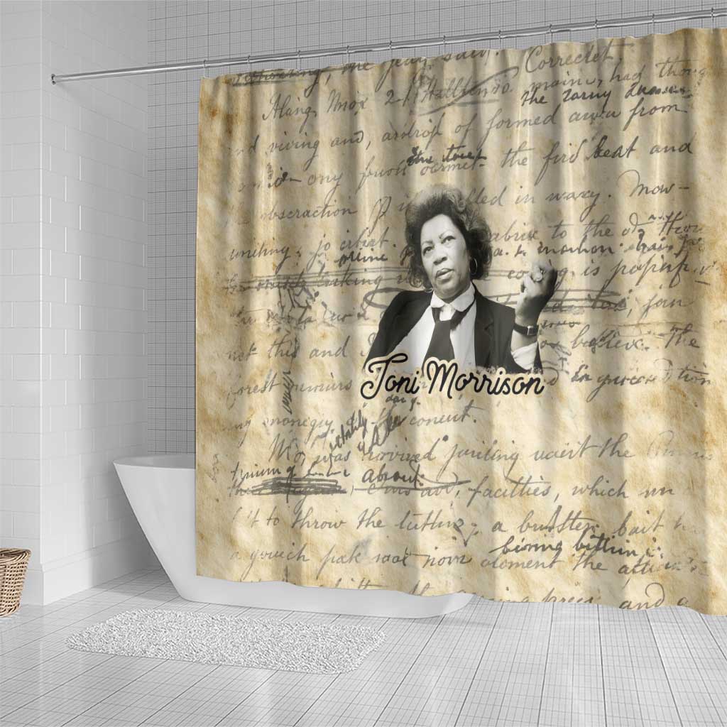 Toni Morrison Shower Curtain Handwritten Manuscript Powerful Portrait with Feather Pen Quote - African Pride