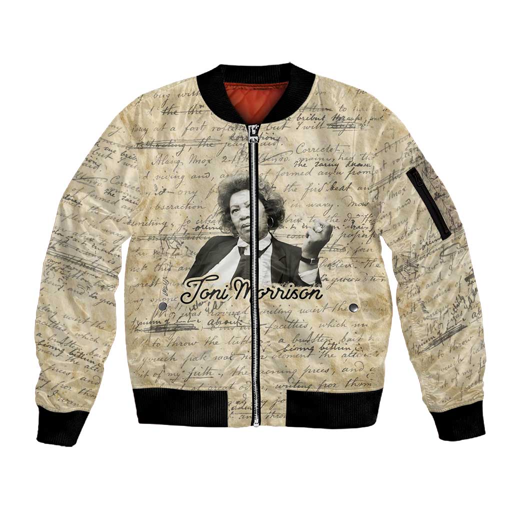 Toni Morrison Sleeve Zip Bomber Jacket Handwritten Manuscript Powerful Portrait with Feather Pen Quote - African Pride