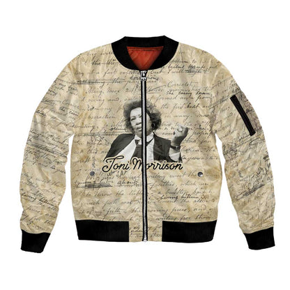 Toni Morrison Sleeve Zip Bomber Jacket Handwritten Manuscript Powerful Portrait with Feather Pen Quote - African Pride