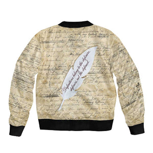 Toni Morrison Sleeve Zip Bomber Jacket Handwritten Manuscript Powerful Portrait with Feather Pen Quote - African Pride