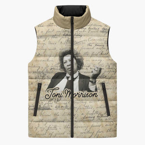 Toni Morrison Sleeveless Puffer Jacket Handwritten Manuscript Powerful Portrait with Feather Pen Quote - African Pride