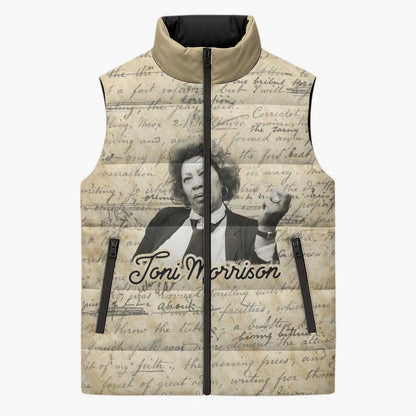 Toni Morrison Sleeveless Puffer Jacket Handwritten Manuscript Powerful Portrait with Feather Pen Quote - African Pride