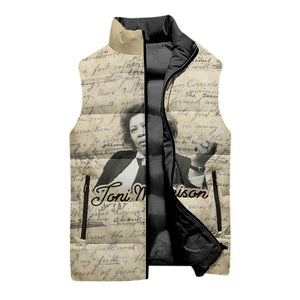 Toni Morrison Sleeveless Puffer Jacket Handwritten Manuscript Powerful Portrait with Feather Pen Quote - African Pride