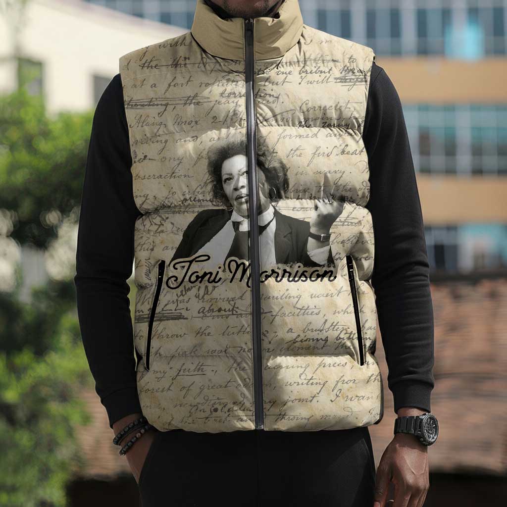 Toni Morrison Sleeveless Puffer Jacket Handwritten Manuscript Powerful Portrait with Feather Pen Quote - African Pride