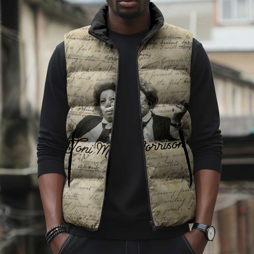 Toni Morrison Sleeveless Puffer Jacket Handwritten Manuscript Powerful Portrait with Feather Pen Quote - African Pride