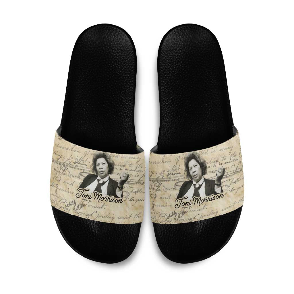 Toni Morrison Slide Sandals Handwritten Manuscript Powerful Portrait with Feather Pen Quote - African Pride