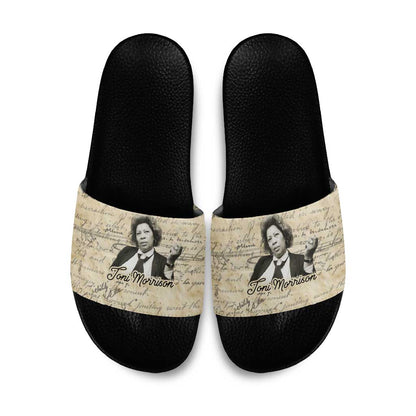 Toni Morrison Slide Sandals Handwritten Manuscript Powerful Portrait with Feather Pen Quote - African Pride