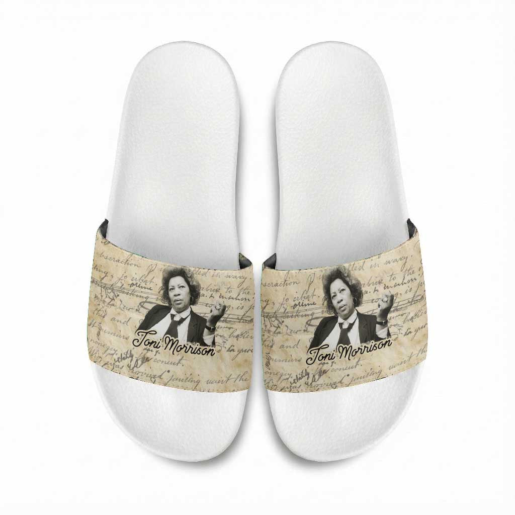 Toni Morrison Slide Sandals Handwritten Manuscript Powerful Portrait with Feather Pen Quote - African Pride