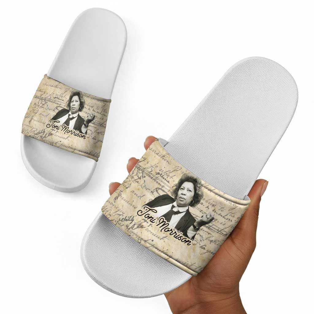 Toni Morrison Slide Sandals Handwritten Manuscript Powerful Portrait with Feather Pen Quote - African Pride