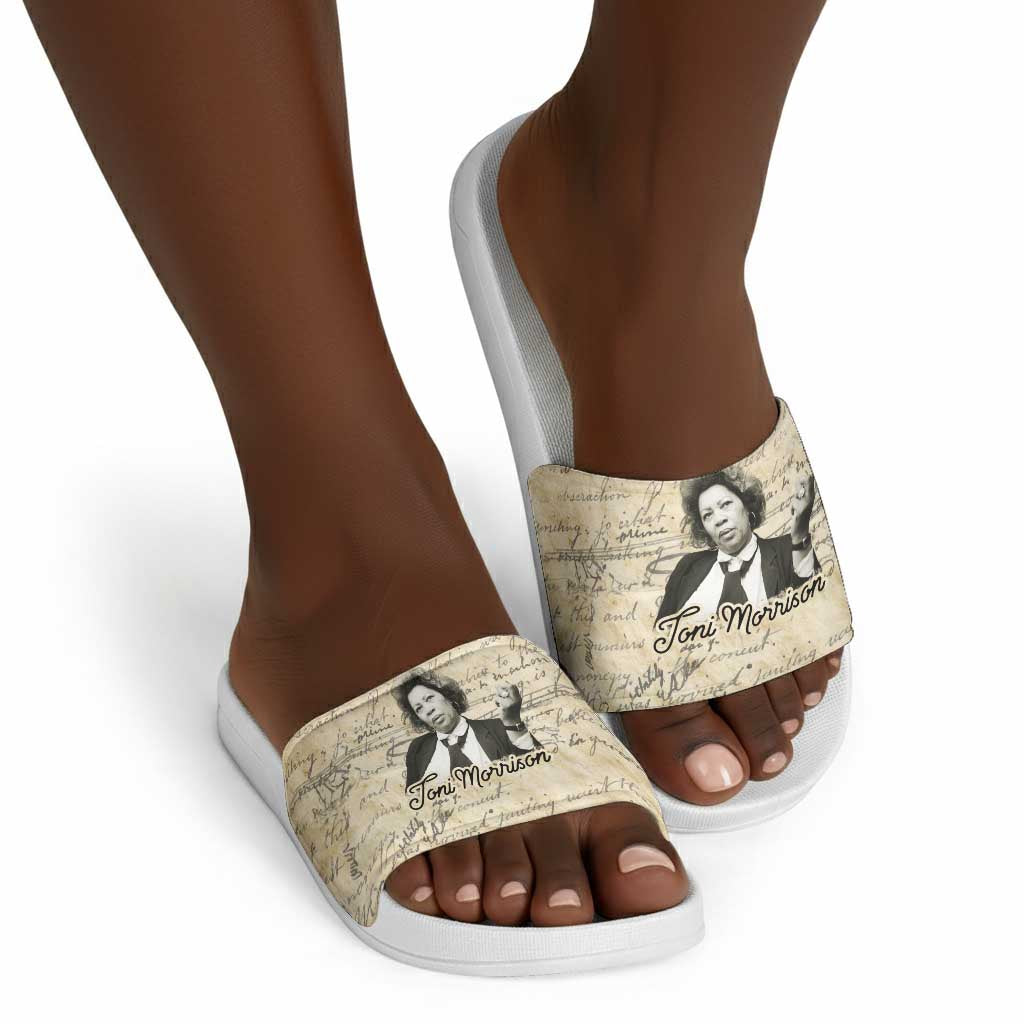Toni Morrison Slide Sandals Handwritten Manuscript Powerful Portrait with Feather Pen Quote - African Pride