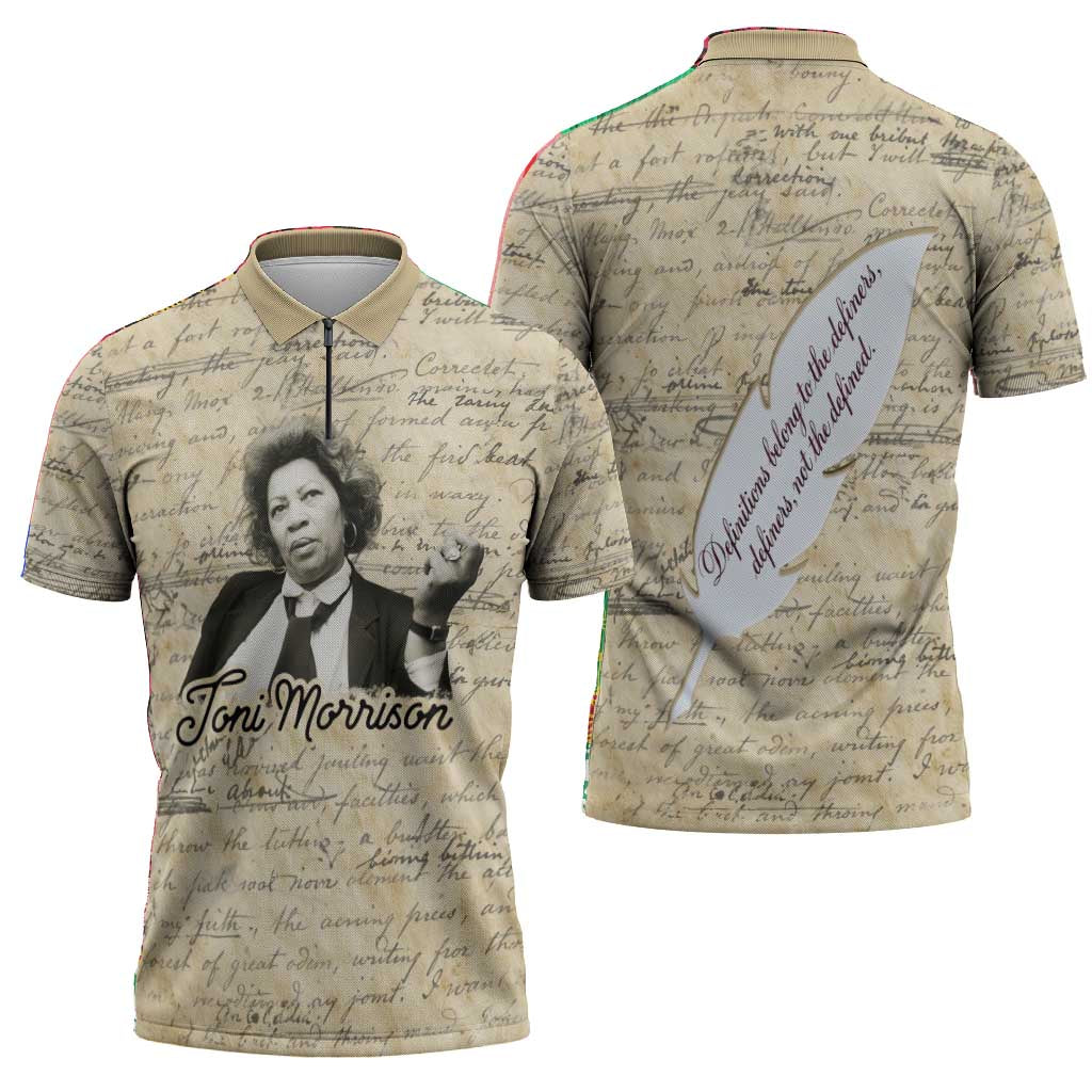 Toni Morrison Zipper Polo Shirt Handwritten Manuscript Powerful Portrait with Feather Pen Quote - African Pride