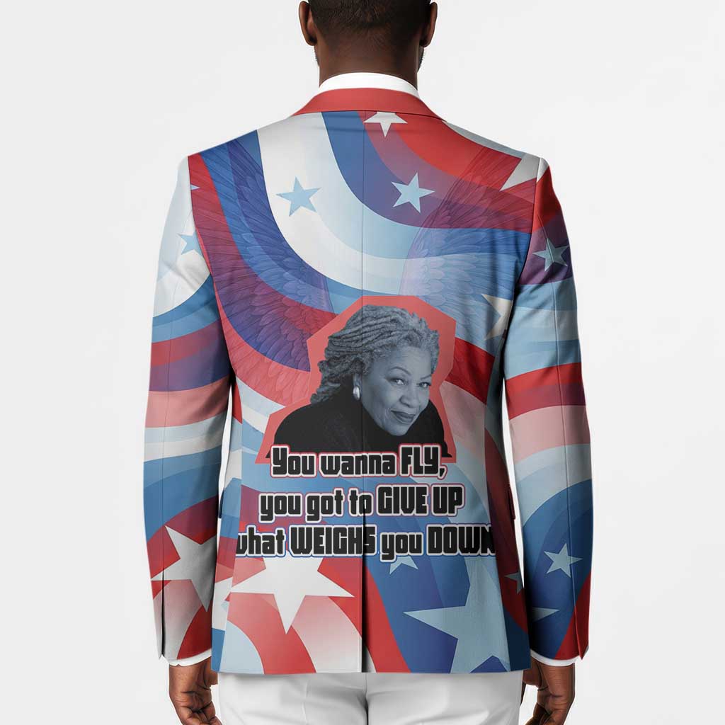 Toni Morrison Blazer Abstract Wings Design Empowering Quote Dual Portrait Celebration of Literary Freedom - African Pride