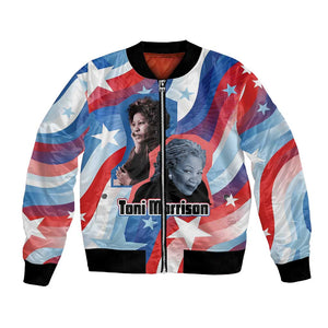 Toni Morrison Bomber Jacket Abstract Wings Design Empowering Quote Dual Portrait Celebration of Literary Freedom - African Pride