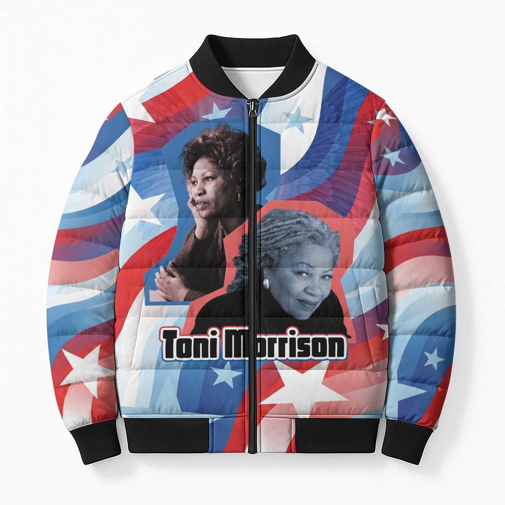 Toni Morrison Bomber Puffer Jacket Abstract Wings Design Empowering Quote Dual Portrait Celebration of Literary Freedom - African Pride