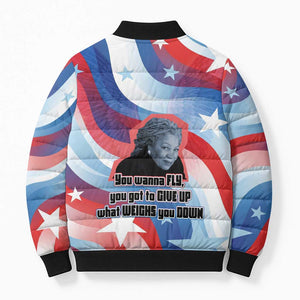 Toni Morrison Bomber Puffer Jacket Abstract Wings Design Empowering Quote Dual Portrait Celebration of Literary Freedom - African Pride