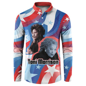 Toni Morrison Button Sweatshirt Abstract Wings Design Empowering Quote Dual Portrait Celebration of Literary Freedom