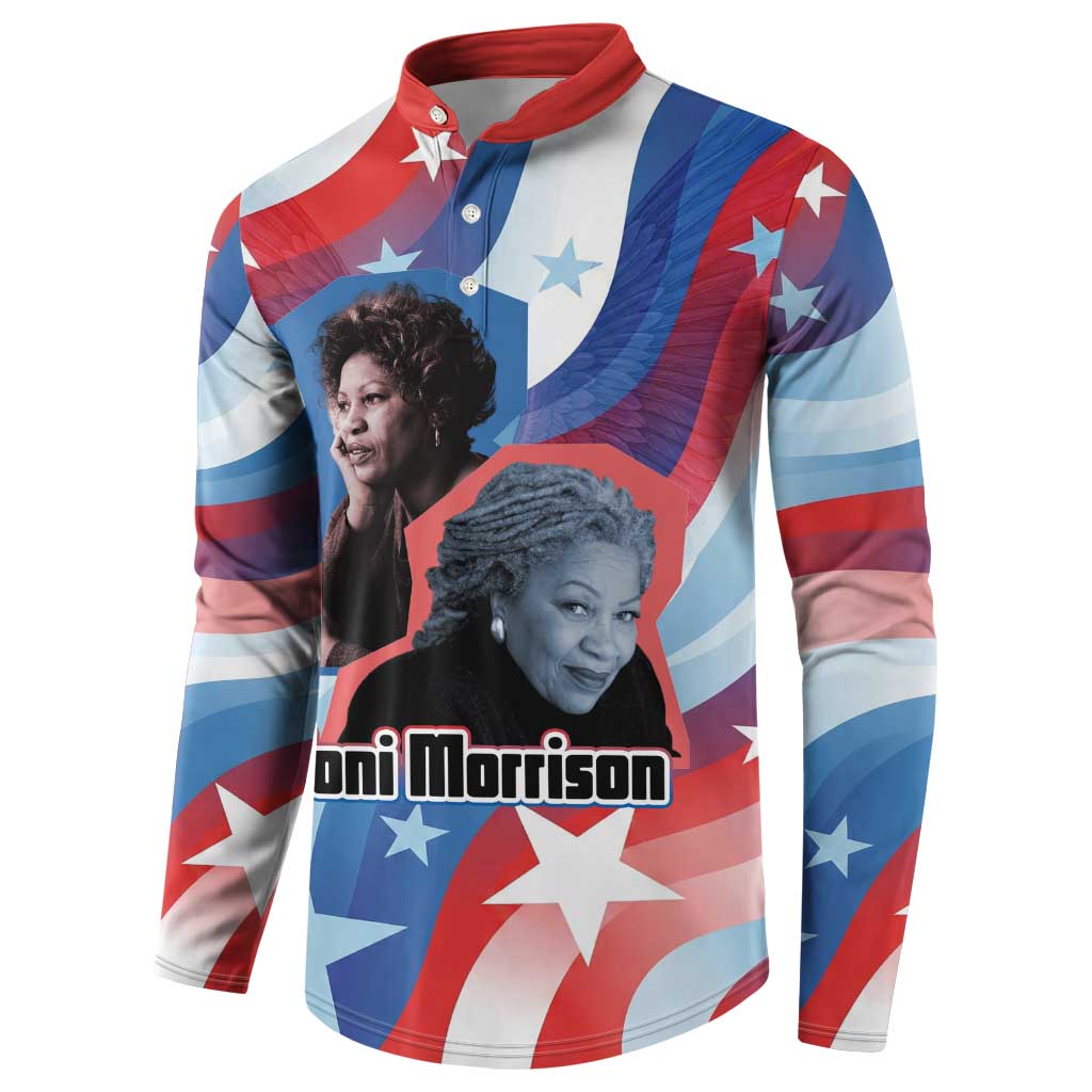 Toni Morrison Button Sweatshirt Abstract Wings Design Empowering Quote Dual Portrait Celebration of Literary Freedom