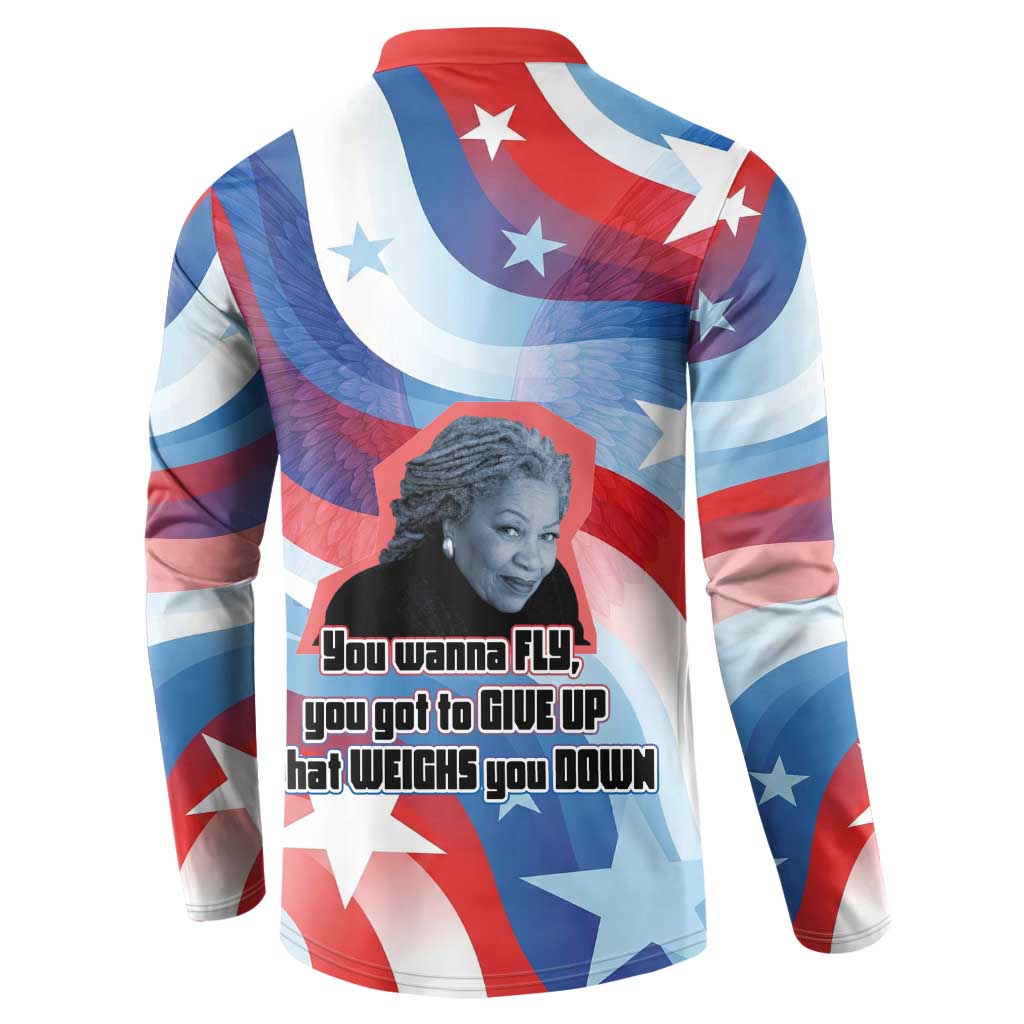 Toni Morrison Button Sweatshirt Abstract Wings Design Empowering Quote Dual Portrait Celebration of Literary Freedom